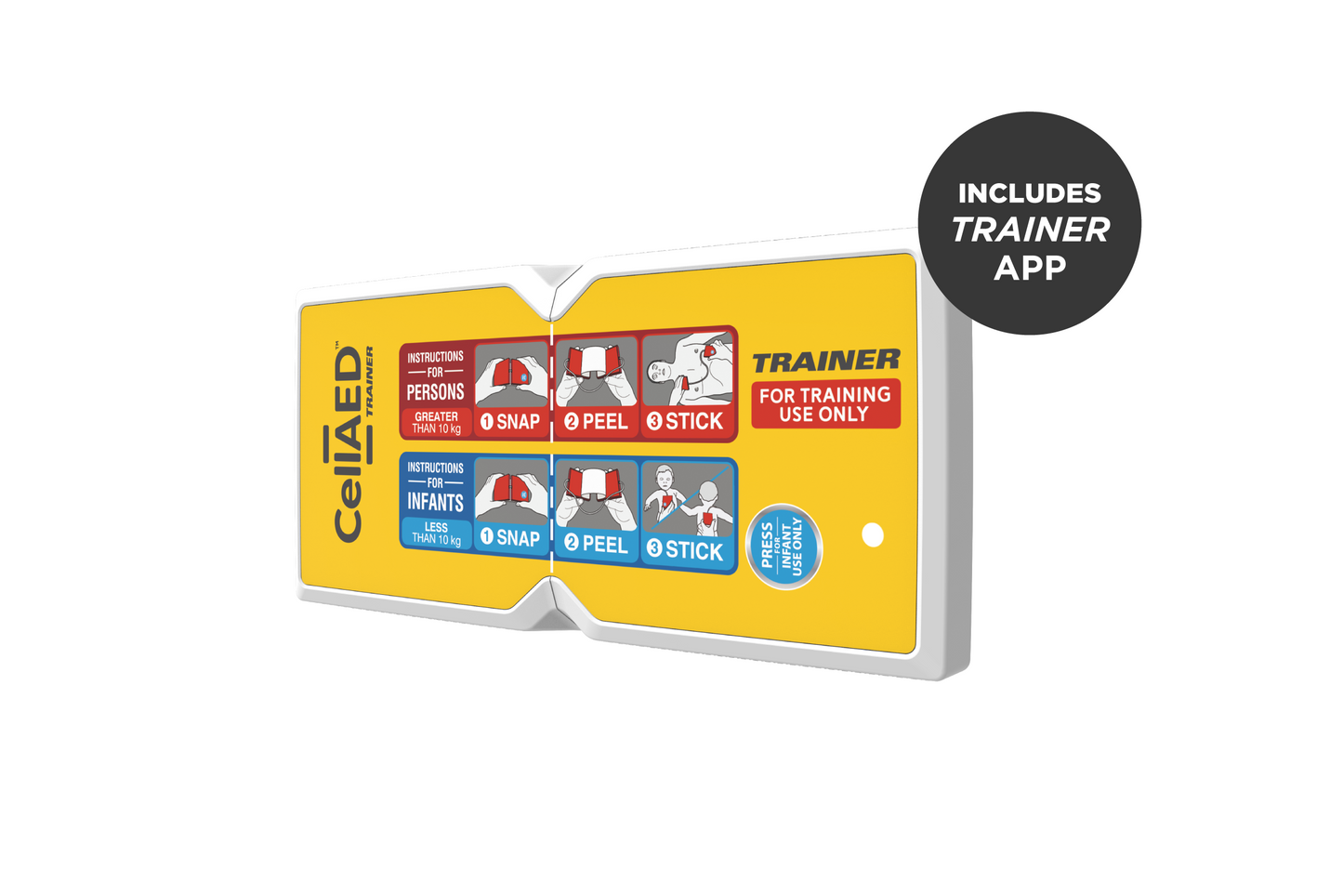 CellAED Defibrillator Trainer. CellAED TRAINER is designed to help you safely practise the application and use of your CellAED®. Designed to build confidence in using your CellAED® Reusable training device Audio voice prompts accessed via accompanying Mobile phone App