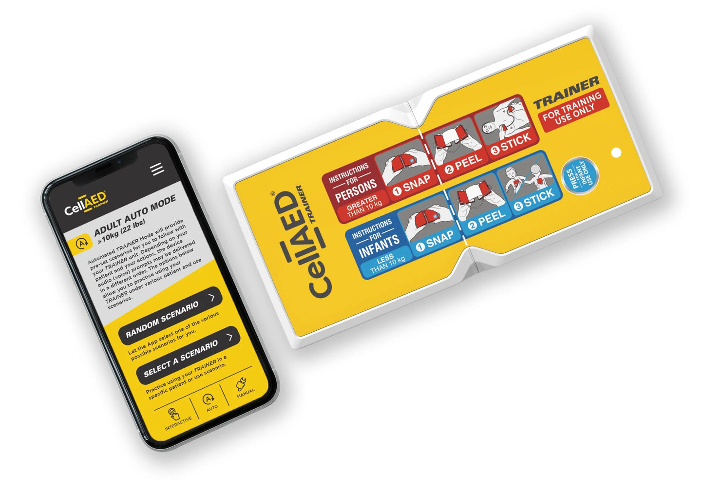 CellAED Defibrillator Trainer. CellAED TRAINER is designed to help you safely practise the application and use of your CellAED®. Designed to build confidence in using your CellAED® Reusable training device Audio voice prompts accessed via accompanying Mobile phone App
